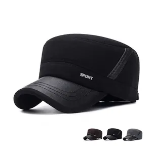 Herren Cadet Cap Baumwolle PU Leder Schirm Ohrenklappen Winter Warm Winddicht Militär Flache Mütze Verstellbar Sport Stil