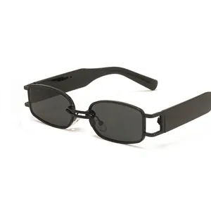 Unisex retro rectangular sunglasses with irregular black frames and double metal bridge