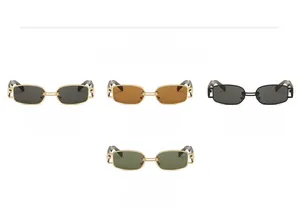 Detail view of retro irregular sunglasses in multiple color options and metal hinges