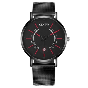Minimalist black Geneva quartz watch with mesh strap and calendar date display