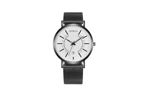 Close-up of Geneva men's watch with white dial, date window, and black mesh steel band