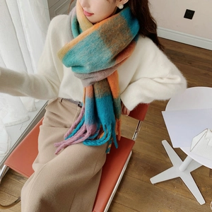 Detail of colorful rainbow plaid scarf with thick braided tassels worn by a model