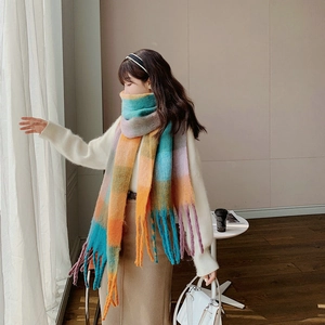 Close-up detail of soft rainbow plaid scarf featuring thick tassels and cozy knit texture