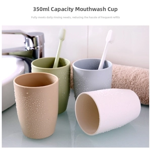 Detail of four 350ml plastic mouthwash cups in khaki, green, blue, and white colors
