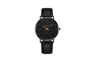 Minimalist quartz watch with black dial and rose gold hands on a black leather strap