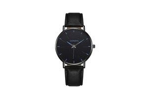 Detail of Geneva quartz watch featuring blue markers on a black dial with leather strap