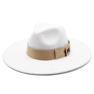 White wool fedora with wide brim, khaki ribbon and golden M emblem for men and women