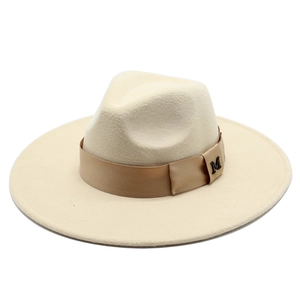 Elegant cream wool fedora hat with wide brim, brown ribbon and gold M metal buckle