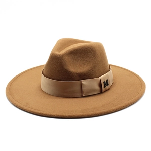 Elegant camel wide brim wool fedora hat with satin band and metal M logo for winter
