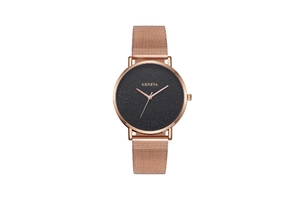 Detailed macro view of Geneva rose gold mesh band watch with minimalist black matte dial