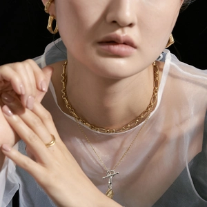 925 Sterling Silver Bold Chain Choker Necklace with T-Bar pendant and matching gold ring