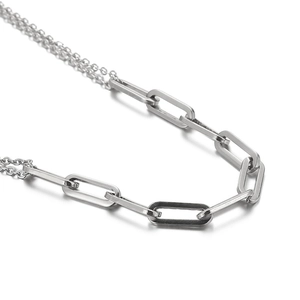 Silver stainless steel double layer paperclip chain necklace with rectangular links
