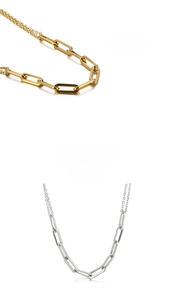 Detailed view of modern chunky paperclip chain necklaces in gold and silver finishes