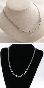 Detail of silver stainless steel paperclip chain necklace with sleek metal link texture