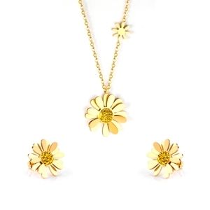 Parure de bijoux marguerite en acier inoxydable doré avec collier et boucles d'oreilles en cristal