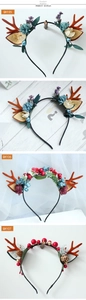 Detailed views of three Christmas reindeer antler headbands with berries and floral accents