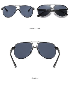 Front and back views of classic black pilot sunglasses with metallic mesh decoration