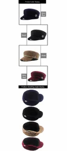 Detail view of tweed newsboy caps with twisted rope trim and metallic buttons in four colors