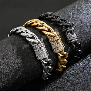 Close-up of hip hop cuban link bracelets with crystals in silver, gold, and black finish