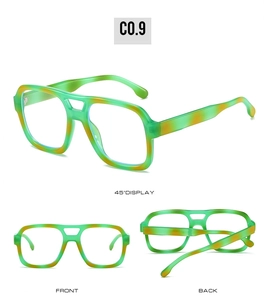 Three-view display of vintage square aviator sunglasses with green and orange tortoiseshell