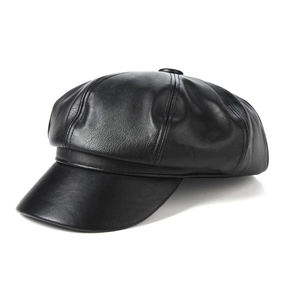 Classic black faux leather newsboy cap with minimalist octagonal crown for women