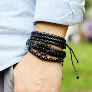 Men's retro 4-piece multilayer black braided leather bracelet set with rudder charm