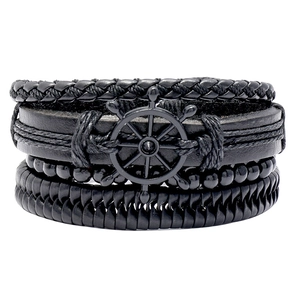 Retro Punk Adjustable Woven Leather Bracelet With Alloy Helm Pendant And Wood Beads Vintage Style Cowhide Hemp Rope Jewelry