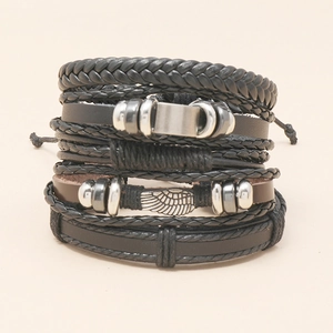 Handmade 5-piece multilayer braided leather bracelet set with wing charm and metal beads