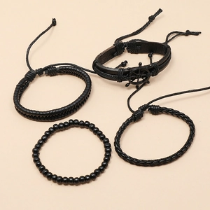 Retro 4-piece black leather bracelet set with woven ropes and rudder alloy charm