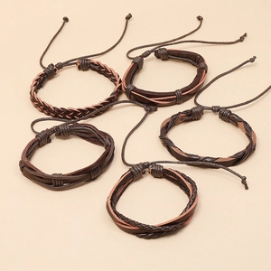 Vintage woven leather bracelet set in assorted brown tones with adjustable slip knot