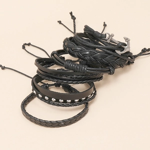 Multi-set black leather woven bracelets with silver anchor charm and metal studs
