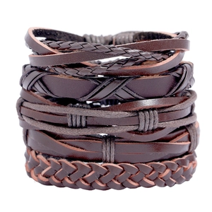 Retro Braided Cowhide Leather Bracelets Multi Layer Wood Bead Adjustable Cord Handmade Bohemian Punk Style For Men Women