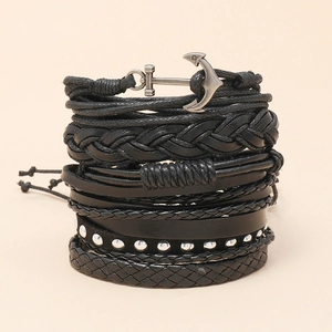 Handmade multilayer black leather bracelet set featuring a silver anchor charm and studs