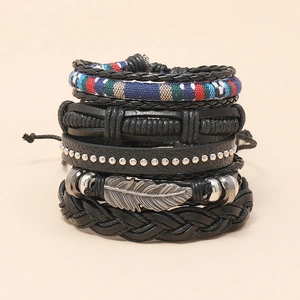 Multilayer leather bracelet set with woven bands, metallic studs and feather pendant