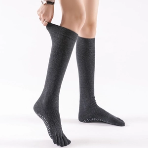 Deep grey over-knee five-finger yoga socks with anti-slip grip and warm thermal fabric