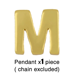 Polished gold initial M pendant detail showing minimalist sans-serif design without chain