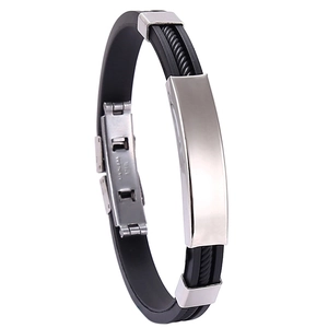 Bracelet pour homme en silicone noir avec plaque en acier inoxydable à graver
