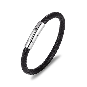 Close-up of black braided leather bracelet with a polished silver stainless steel clasp