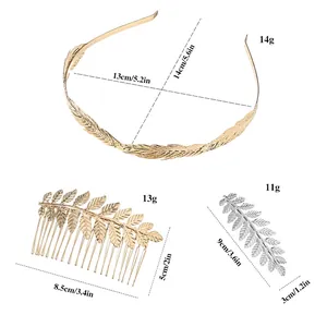 Golden laurel leaf headband and hair comb set with silver clip on white background