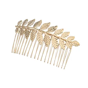Golden alloy olive leaf hair comb with ten teeth featuring a brushed metal finish