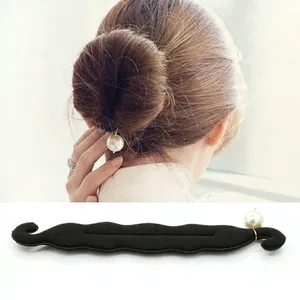 Elegant Korean Style Black Hair Bun Maker For Women Simple Artificial Pearl Fabric Sponge Hair Styling Tool Fast Bun Makers Accessories