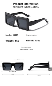 Detailed size specifications of oversized square sunglasses with PC and AC frame measurements