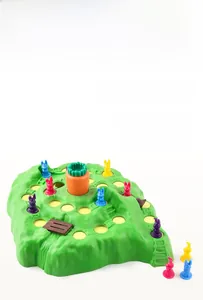 Detail view of ABS plastic mountain board and colorful rabbit pawns for board games