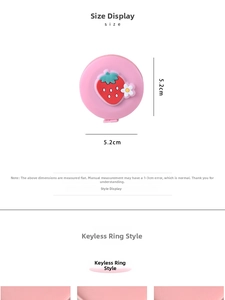 Mini round pink retractable tape measure with 3D strawberry and floral details, 5.2cm diameter