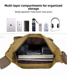 Detail view of khaki canvas messenger bag with organized compartments and daily essentials