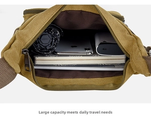 Internal view of khaki canvas shoulder bag showing multi-pocket large storage space