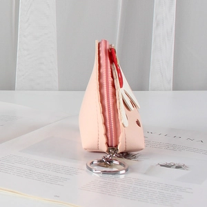Cute pink strawberry shaped mini coin purse with silver keychain and zipper closure