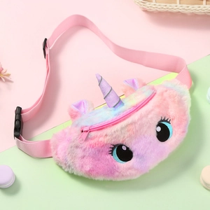 Plush unicorn waist bag for girls with pink gradient fur and adjustable strap