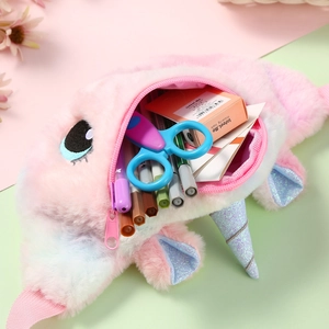 Pink plush unicorn waist bag with rainbow gradient and glitter horn for girls