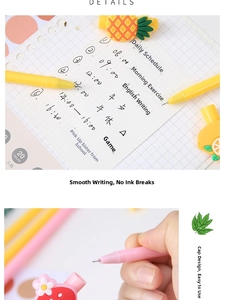 Macro view of cute fruit pens with a 0.5mm tip and smooth ink flow for writing